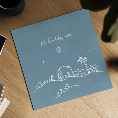 Simple Nativity II Blue by Jenaya Jackson. Shown as a detailed flat fine art print, highlighting archival giclee quality. Available as an archival giclee rolled canvas, fine art paper, or poster print. SKU 102003a.