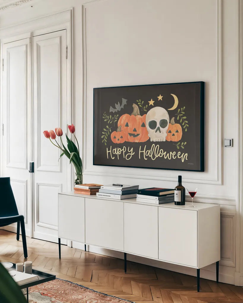 Spooky Season I by Jenaya Jackson. shown as a framed stretched canvas in a living room above a console. Available as a archival giclee rolled canvas, fine art paper, or poster print. SKU 85143i.