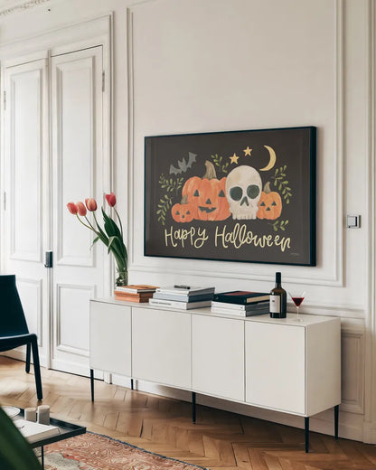 Spooky Season I by Jenaya Jackson. shown as a framed stretched canvas in a living room above a console. Available as a archival giclee rolled canvas, fine art paper, or poster print. SKU 85143i.
