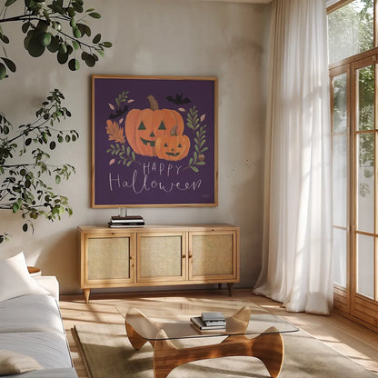 Spooky Season II by Jenaya Jackson. Shown in a natural wood frame in a cozy modern living room. Available as an archival giclee rolled canvas, fine art paper, or poster print. SKU 85144a.