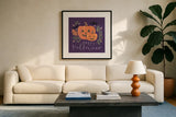 Spooky Season II by Jenaya Jackson. Displayed in a glass frame with matte in a clean modern living room. Available as an archival giclee rolled canvas, fine art paper, or poster print. SKU 85144a.