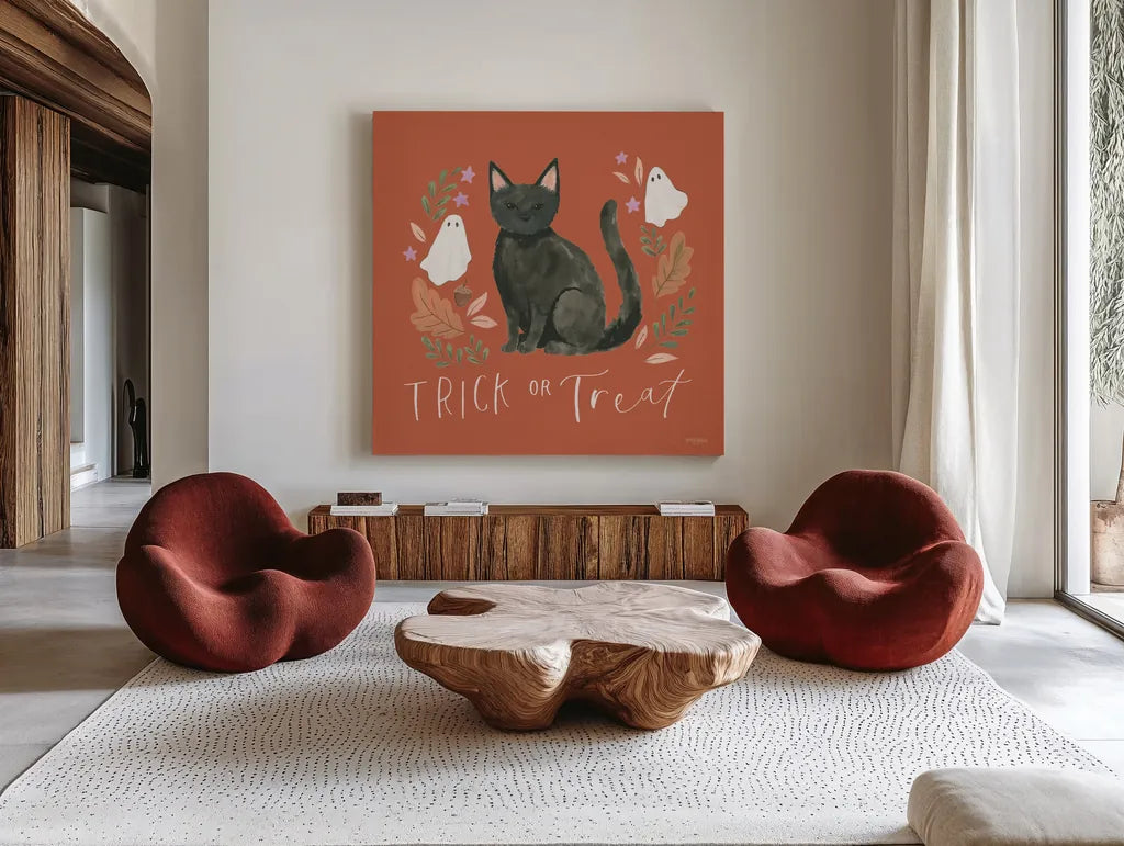 Spooky Season III by Jenaya Jackson. Shown as extra-large giant wall art in a modern living room. Available as an archival giclee rolled canvas, fine art paper, or poster print. SKU 85145a.