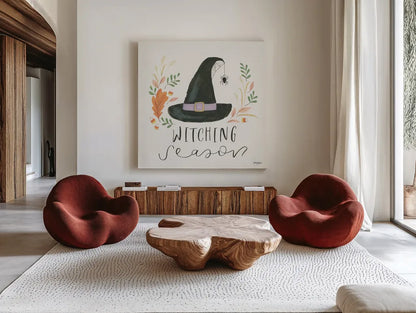 Spooky Season IV by Jenaya Jackson. Shown as extra-large giant wall art in a modern living room. Available as an archival giclee rolled canvas, fine art paper, or poster print. SKU 85146a.