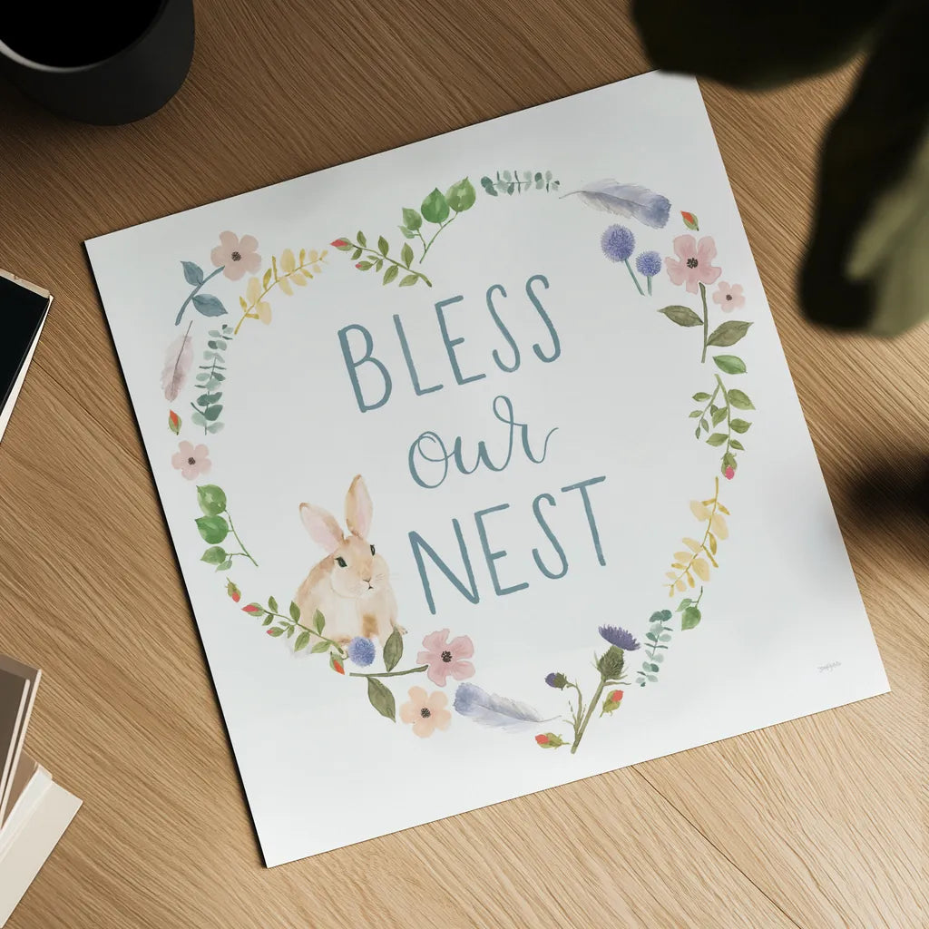 Spring Sentiments VII Bunny White by Jenaya Jackson. Shown as a detailed flat fine art print, highlighting archival giclee quality. Available as an archival giclee rolled canvas, fine art paper, or poster print. SKU 45140a.