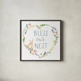 Spring Sentiments VII Bunny White by Jenaya Jackson. Shown in a sleek black glass frame for a contemporary gallery look. Available as an archival giclee rolled canvas, fine art paper, or poster print. SKU 45140a.