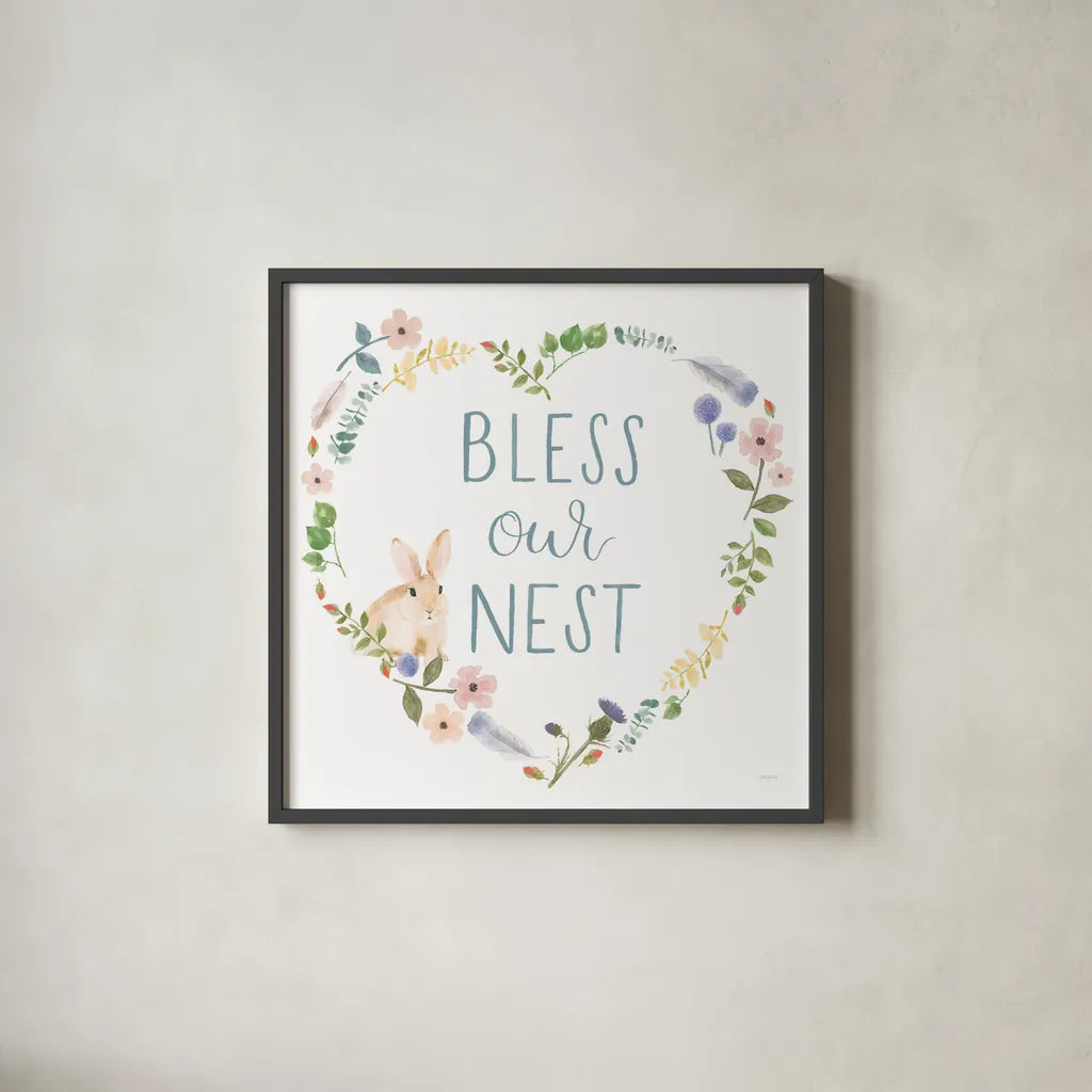 Spring Sentiments VII Bunny White by Jenaya Jackson. Shown in a sleek black glass frame for a contemporary gallery look. Available as an archival giclee rolled canvas, fine art paper, or poster print. SKU 45140a.