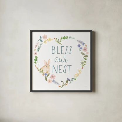 Spring Sentiments VII Bunny White by Jenaya Jackson. Shown in a sleek black glass frame for a contemporary gallery look. Available as an archival giclee rolled canvas, fine art paper, or poster print. SKU 45140a.