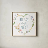 Spring Sentiments VII Bunny White by Jenaya Jackson. Shown in a natural wood glass frame for a timeless modern aesthetic. Available as an archival giclee rolled canvas, fine art paper, or poster print. SKU 45140a.