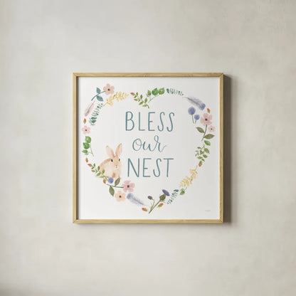 Spring Sentiments VII Bunny White by Jenaya Jackson. Shown in a natural wood glass frame for a timeless modern aesthetic. Available as an archival giclee rolled canvas, fine art paper, or poster print. SKU 45140a.