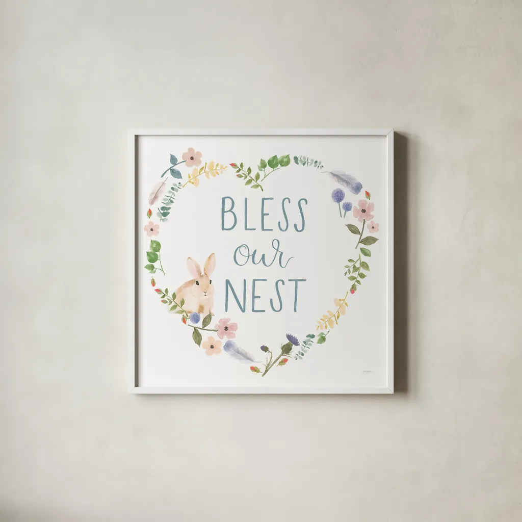 Spring Sentiments VII Bunny White by Jenaya Jackson. Shown in a crisp white glass frame for a clean and minimalist style. Available as an archival giclee rolled canvas, fine art paper, or poster print. SKU 45140a.