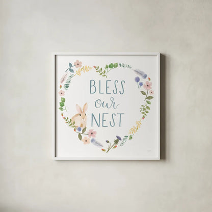 Spring Sentiments VII Bunny White by Jenaya Jackson. Shown in a crisp white glass frame for a clean and minimalist style. Available as an archival giclee rolled canvas, fine art paper, or poster print. SKU 45140a.