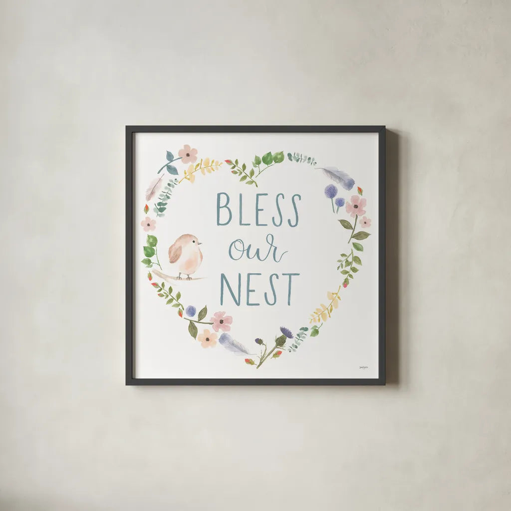 Spring Sentiments VII on White by Jenaya Jackson. Shown in a sleek black glass frame for a contemporary gallery look. Available as an archival giclee rolled canvas, fine art paper, or poster print. SKU 47255a.