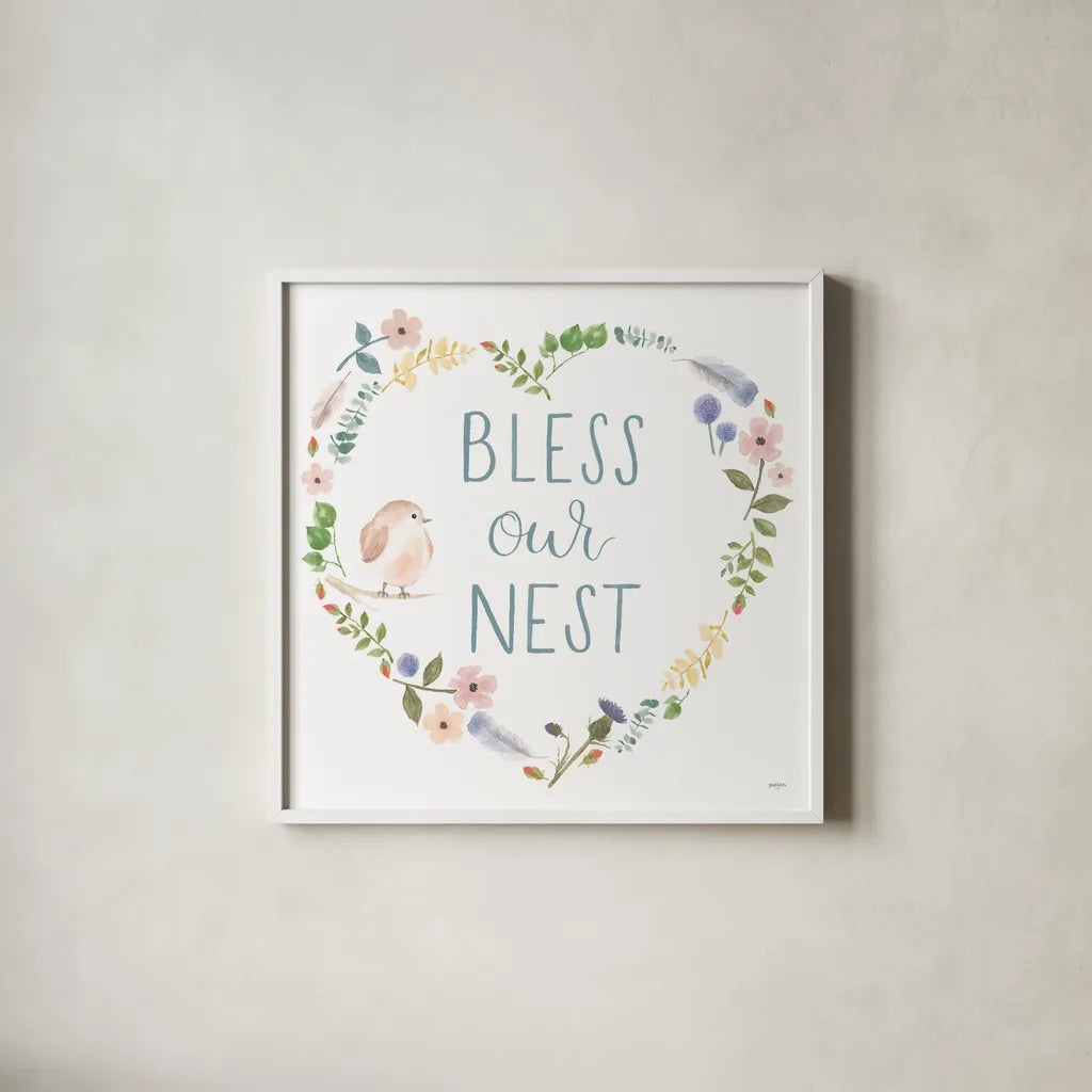 Spring Sentiments VII on White by Jenaya Jackson. Shown in a crisp white glass frame for a clean and minimalist style. Available as an archival giclee rolled canvas, fine art paper, or poster print. SKU 47255a.