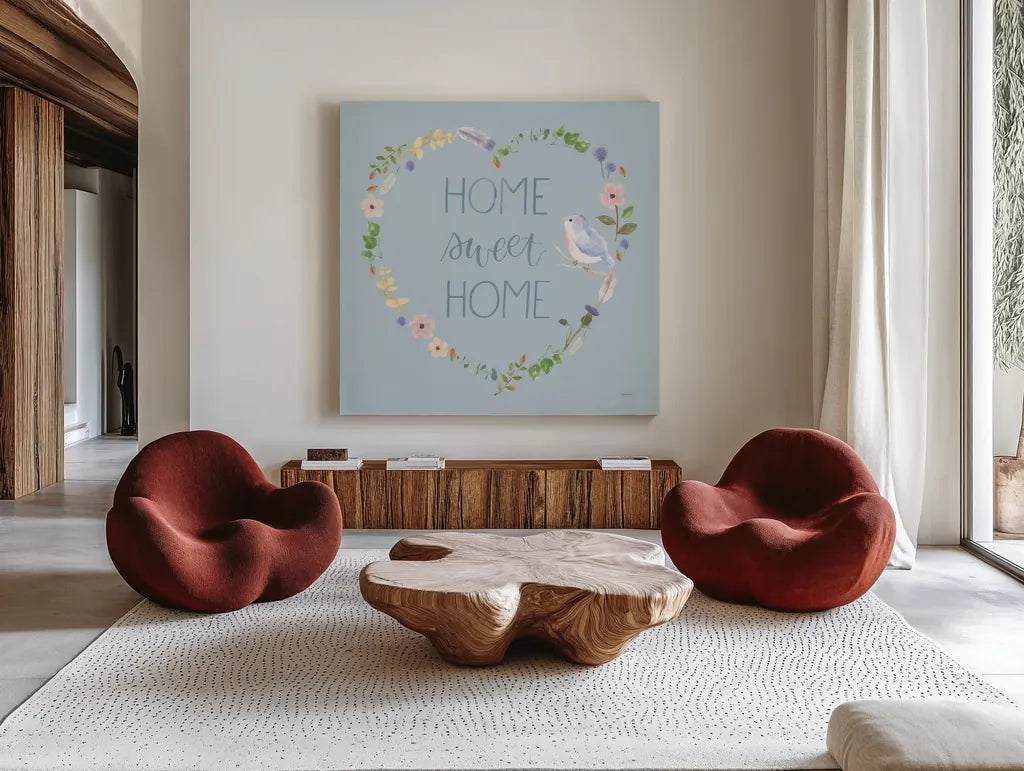 Spring Sentiments VIII by Jenaya Jackson. Shown as extra-large giant wall art in a modern living room. Available as an archival giclee rolled canvas, fine art paper, or poster print. SKU 44439a.
