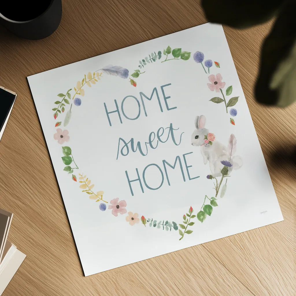 Spring Sentiments VIII Bunny White by Jenaya Jackson. Shown as a detailed flat fine art print, highlighting archival giclee quality. Available as an archival giclee rolled canvas, fine art paper, or poster print. SKU 45141a.