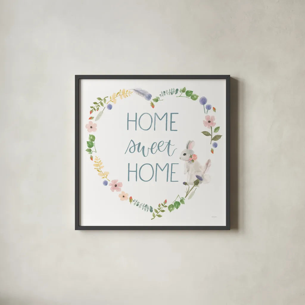 Spring Sentiments VIII Bunny White by Jenaya Jackson. Shown in a sleek black glass frame for a contemporary gallery look. Available as an archival giclee rolled canvas, fine art paper, or poster print. SKU 45141a.