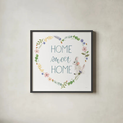 Spring Sentiments VIII Bunny White by Jenaya Jackson. Shown in a sleek black glass frame for a contemporary gallery look. Available as an archival giclee rolled canvas, fine art paper, or poster print. SKU 45141a.