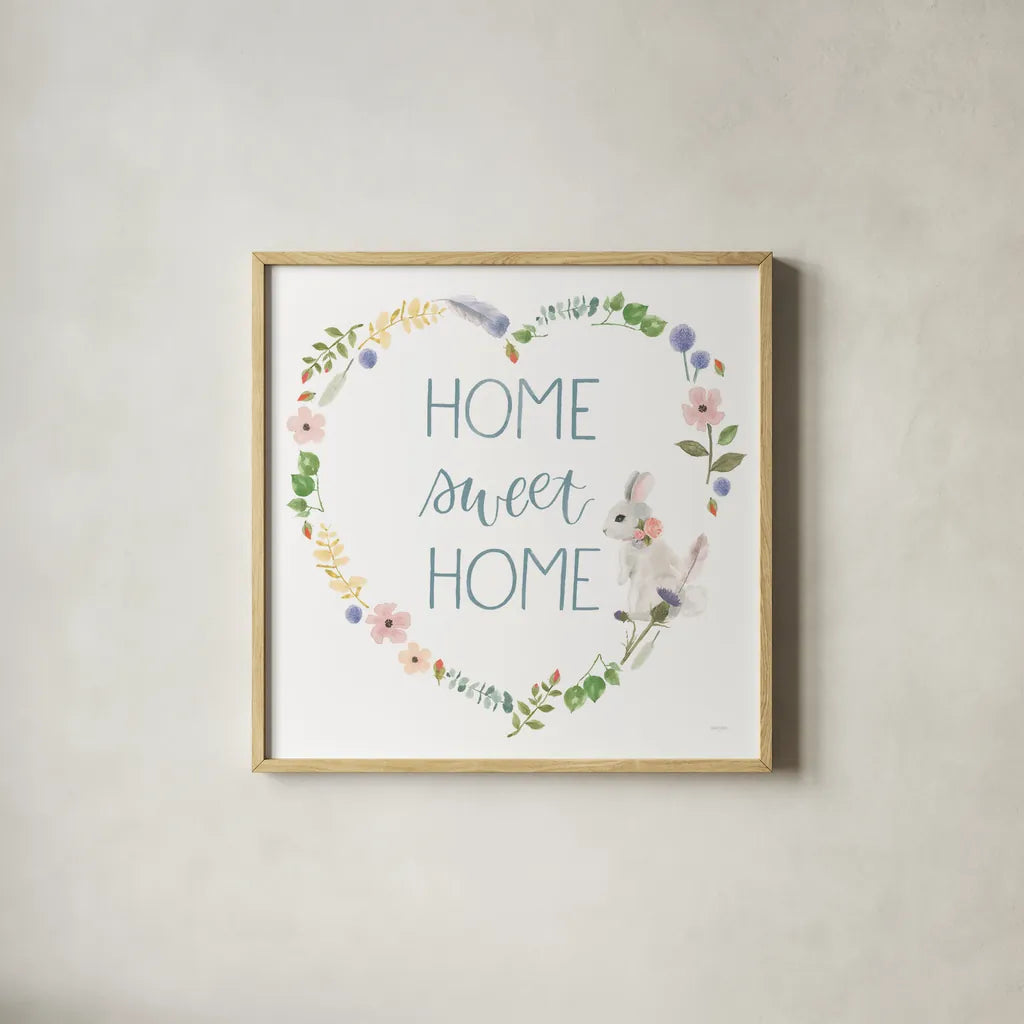 Spring Sentiments VIII Bunny White by Jenaya Jackson. Shown in a natural wood glass frame for a timeless modern aesthetic. Available as an archival giclee rolled canvas, fine art paper, or poster print. SKU 45141a.