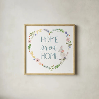 Spring Sentiments VIII Bunny White by Jenaya Jackson. Shown in a natural wood glass frame for a timeless modern aesthetic. Available as an archival giclee rolled canvas, fine art paper, or poster print. SKU 45141a.