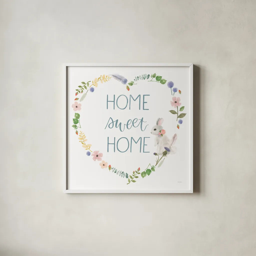 Spring Sentiments VIII Bunny White by Jenaya Jackson. Shown in a crisp white glass frame for a clean and minimalist style. Available as an archival giclee rolled canvas, fine art paper, or poster print. SKU 45141a.