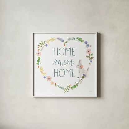 Spring Sentiments VIII Bunny White by Jenaya Jackson. Shown in a crisp white glass frame for a clean and minimalist style. Available as an archival giclee rolled canvas, fine art paper, or poster print. SKU 45141a.