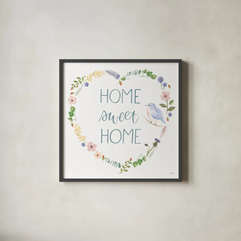 Spring Sentiments VIII on White by Jenaya Jackson. Shown in a sleek black glass frame for a contemporary gallery look. Available as an archival giclee rolled canvas, fine art paper, or poster print. SKU 47256a.