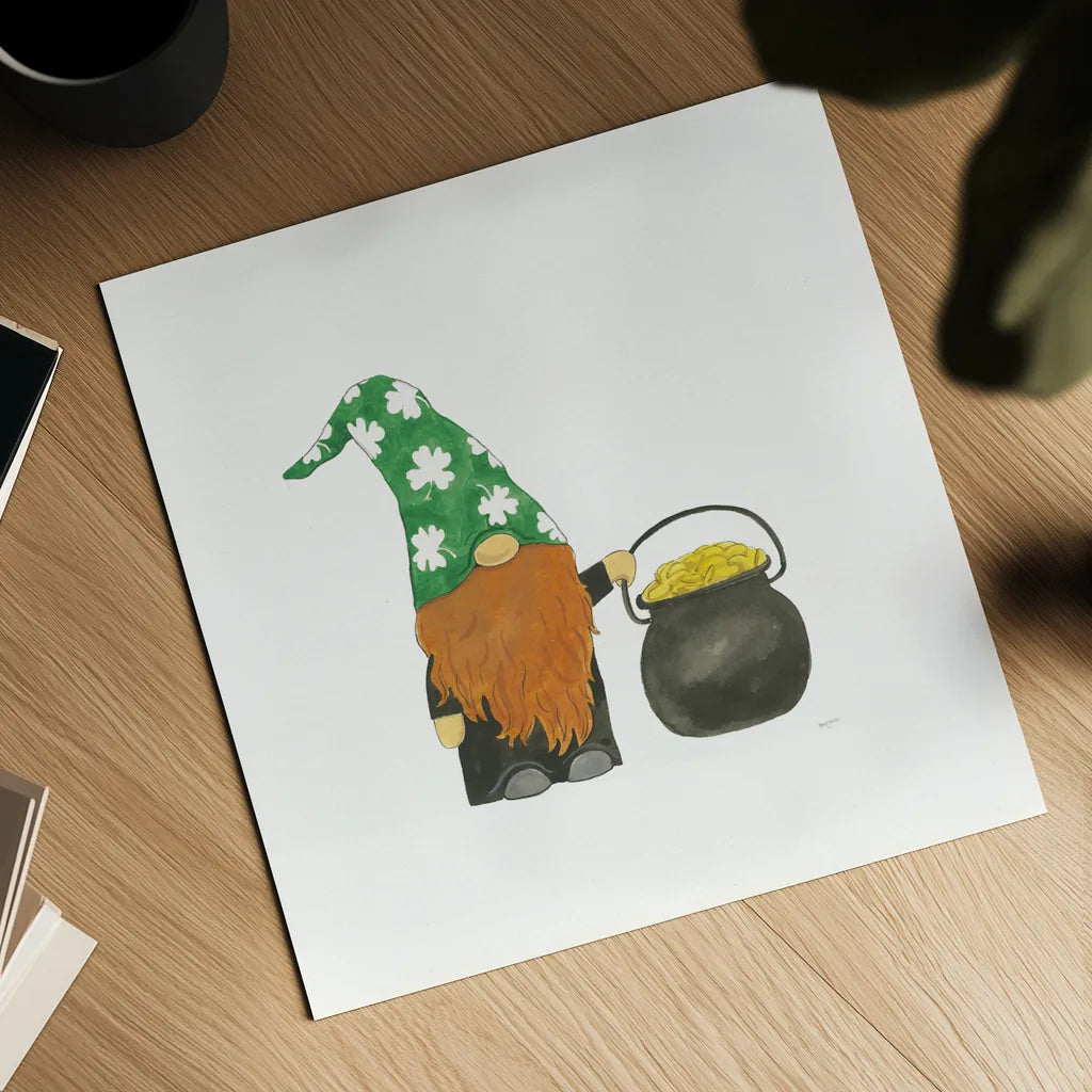 St Patricks Day Gnomes I by Jenaya Jackson. Shown as a detailed flat fine art print, highlighting archival giclee quality. Available as an archival giclee rolled canvas, fine art paper, or poster print. SKU 71271a.