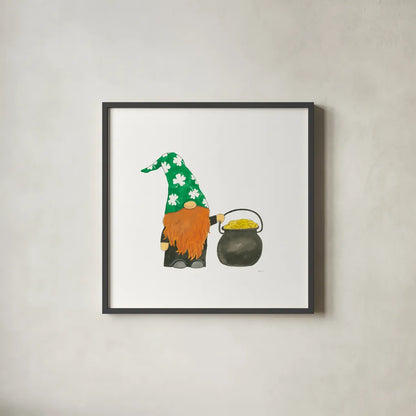 St Patricks Day Gnomes I by Jenaya Jackson. Shown in a sleek black glass frame for a contemporary gallery look. Available as an archival giclee rolled canvas, fine art paper, or poster print. SKU 71271a.