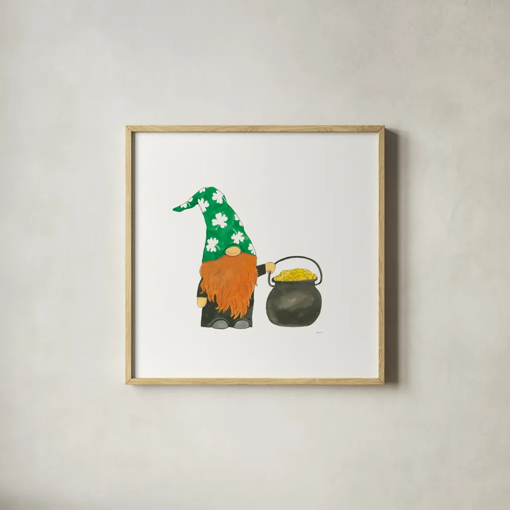 St Patricks Day Gnomes I by Jenaya Jackson. Shown in a natural wood glass frame for a timeless modern aesthetic. Available as an archival giclee rolled canvas, fine art paper, or poster print. SKU 71271a.