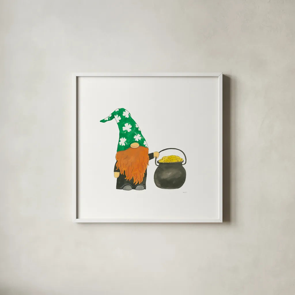 St Patricks Day Gnomes I by Jenaya Jackson. Shown in a crisp white glass frame for a clean and minimalist style. Available as an archival giclee rolled canvas, fine art paper, or poster print. SKU 71271a.