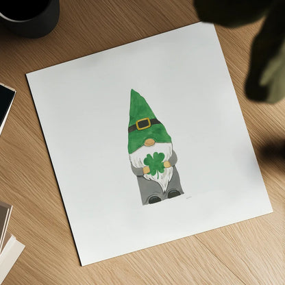 St Patricks Day Gnomes II by Jenaya Jackson. Shown as a detailed flat fine art print, highlighting archival giclee quality. Available as an archival giclee rolled canvas, fine art paper, or poster print. SKU 71272a.