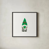 St Patricks Day Gnomes II by Jenaya Jackson. Shown in a sleek black glass frame for a contemporary gallery look. Available as an archival giclee rolled canvas, fine art paper, or poster print. SKU 71272a.