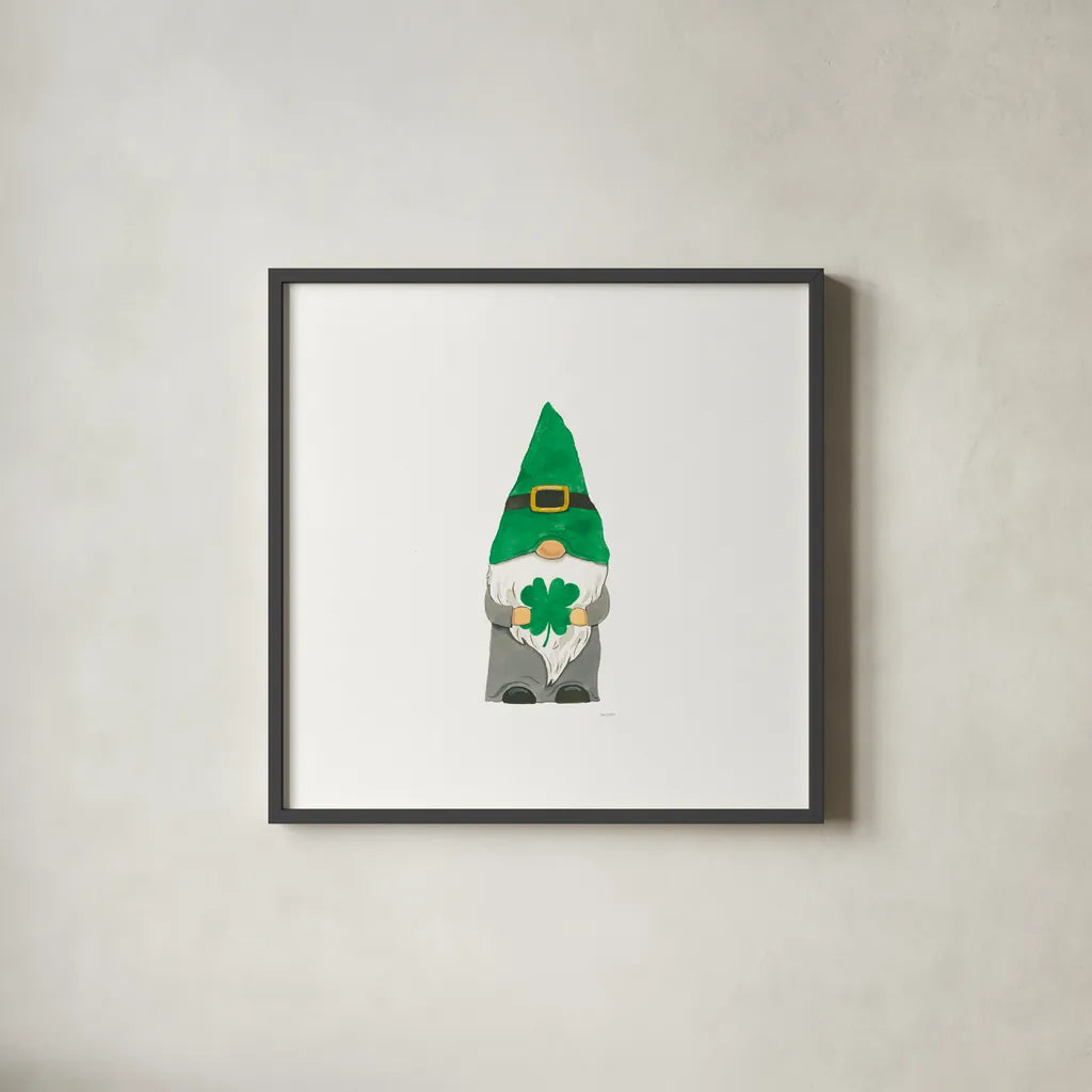 St Patricks Day Gnomes II by Jenaya Jackson. Shown in a sleek black glass frame for a contemporary gallery look. Available as an archival giclee rolled canvas, fine art paper, or poster print. SKU 71272a.