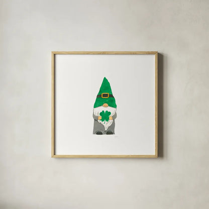 St Patricks Day Gnomes II by Jenaya Jackson. Shown in a natural wood glass frame for a timeless modern aesthetic. Available as an archival giclee rolled canvas, fine art paper, or poster print. SKU 71272a.