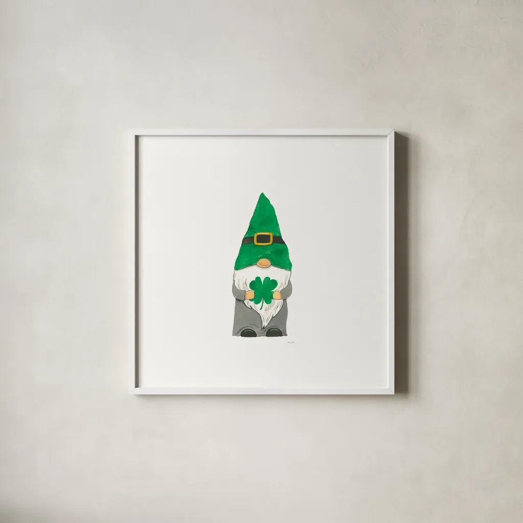 St Patricks Day Gnomes II by Jenaya Jackson. Shown in a crisp white glass frame for a clean and minimalist style. Available as an archival giclee rolled canvas, fine art paper, or poster print. SKU 71272a.