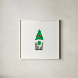 St Patricks Day Gnomes II by Jenaya Jackson. Shown in a crisp white glass frame for a clean and minimalist style. Available as an archival giclee rolled canvas, fine art paper, or poster print. SKU 71272a.