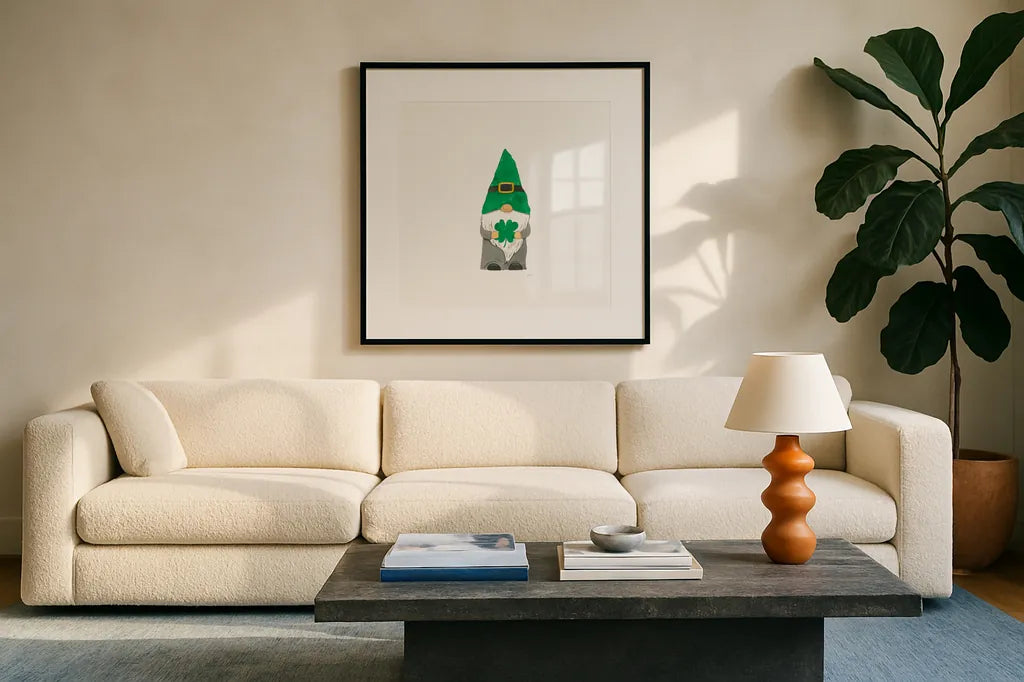 St Patricks Day Gnomes II by Jenaya Jackson. Displayed in a glass frame with matte in a clean modern living room. Available as an archival giclee rolled canvas, fine art paper, or poster print. SKU 71272a.