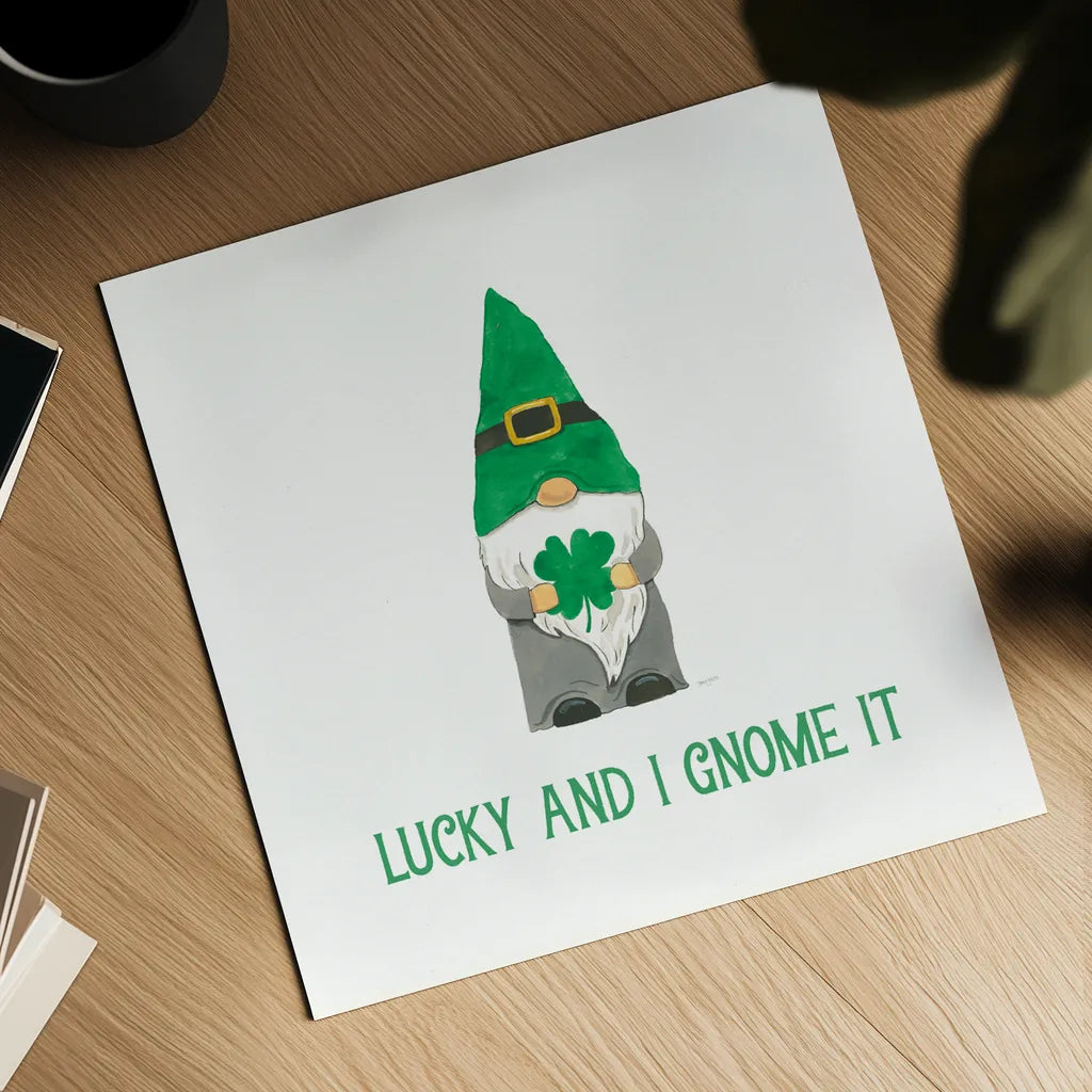 St Patricks Day Gnomes II Lucky by Jenaya Jackson. Shown as a detailed flat fine art print, highlighting archival giclee quality. Available as an archival giclee rolled canvas, fine art paper, or poster print. SKU 78360a.