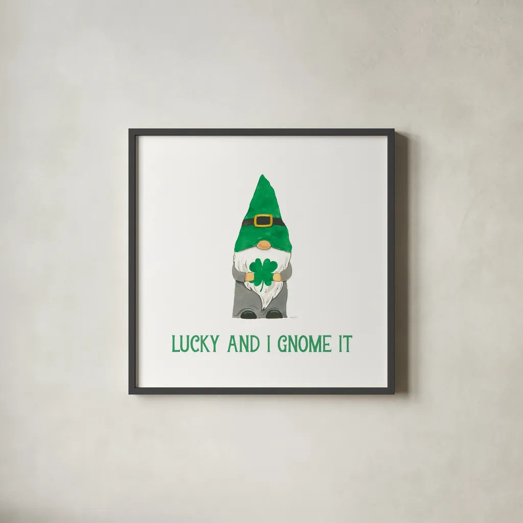 St Patricks Day Gnomes II Lucky by Jenaya Jackson. Shown in a sleek black glass frame for a contemporary gallery look. Available as an archival giclee rolled canvas, fine art paper, or poster print. SKU 78360a.