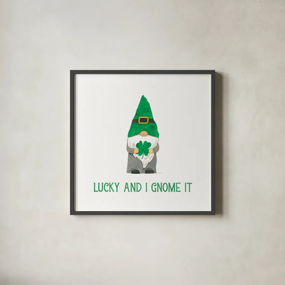 St Patricks Day Gnomes II Lucky by Jenaya Jackson. Shown in a sleek black glass frame for a contemporary gallery look. Available as an archival giclee rolled canvas, fine art paper, or poster print. SKU 78360a.