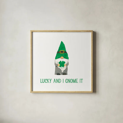 St Patricks Day Gnomes II Lucky by Jenaya Jackson. Shown in a natural wood glass frame for a timeless modern aesthetic. Available as an archival giclee rolled canvas, fine art paper, or poster print. SKU 78360a.