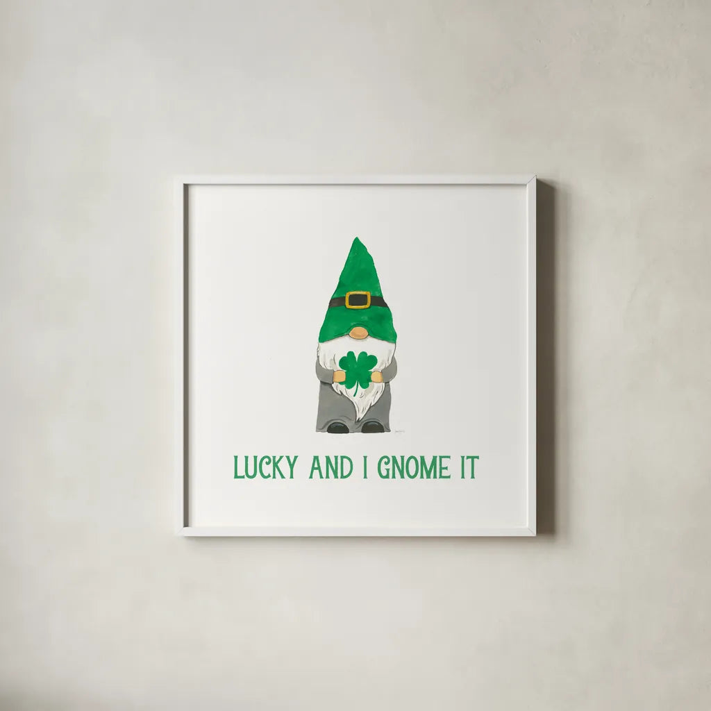 St Patricks Day Gnomes II Lucky by Jenaya Jackson. Shown in a crisp white glass frame for a clean and minimalist style. Available as an archival giclee rolled canvas, fine art paper, or poster print. SKU 78360a.