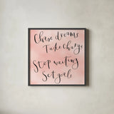 Stop Waiting by Jenaya Jackson. Shown in a sleek black glass frame for a contemporary gallery look. Available as an archival giclee rolled canvas, fine art paper, or poster print. SKU 58416a.