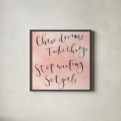 Stop Waiting by Jenaya Jackson. Shown in a sleek black glass frame for a contemporary gallery look. Available as an archival giclee rolled canvas, fine art paper, or poster print. SKU 58416a.