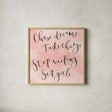 Stop Waiting by Jenaya Jackson. Shown in a natural wood glass frame for a timeless modern aesthetic. Available as an archival giclee rolled canvas, fine art paper, or poster print. SKU 58416a.