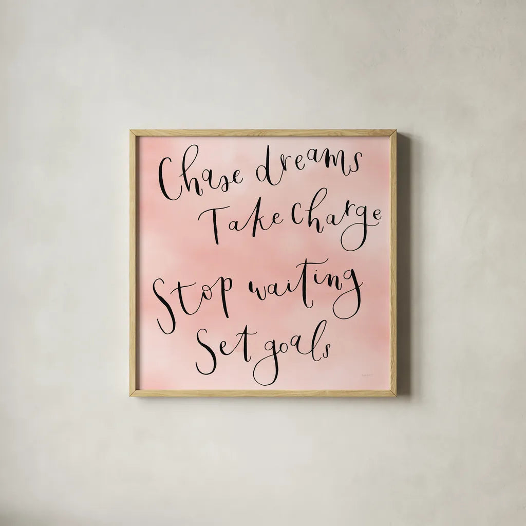 Stop Waiting by Jenaya Jackson. Shown in a natural wood glass frame for a timeless modern aesthetic. Available as an archival giclee rolled canvas, fine art paper, or poster print. SKU 58416a.