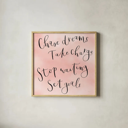 Stop Waiting by Jenaya Jackson. Shown in a natural wood glass frame for a timeless modern aesthetic. Available as an archival giclee rolled canvas, fine art paper, or poster print. SKU 58416a.