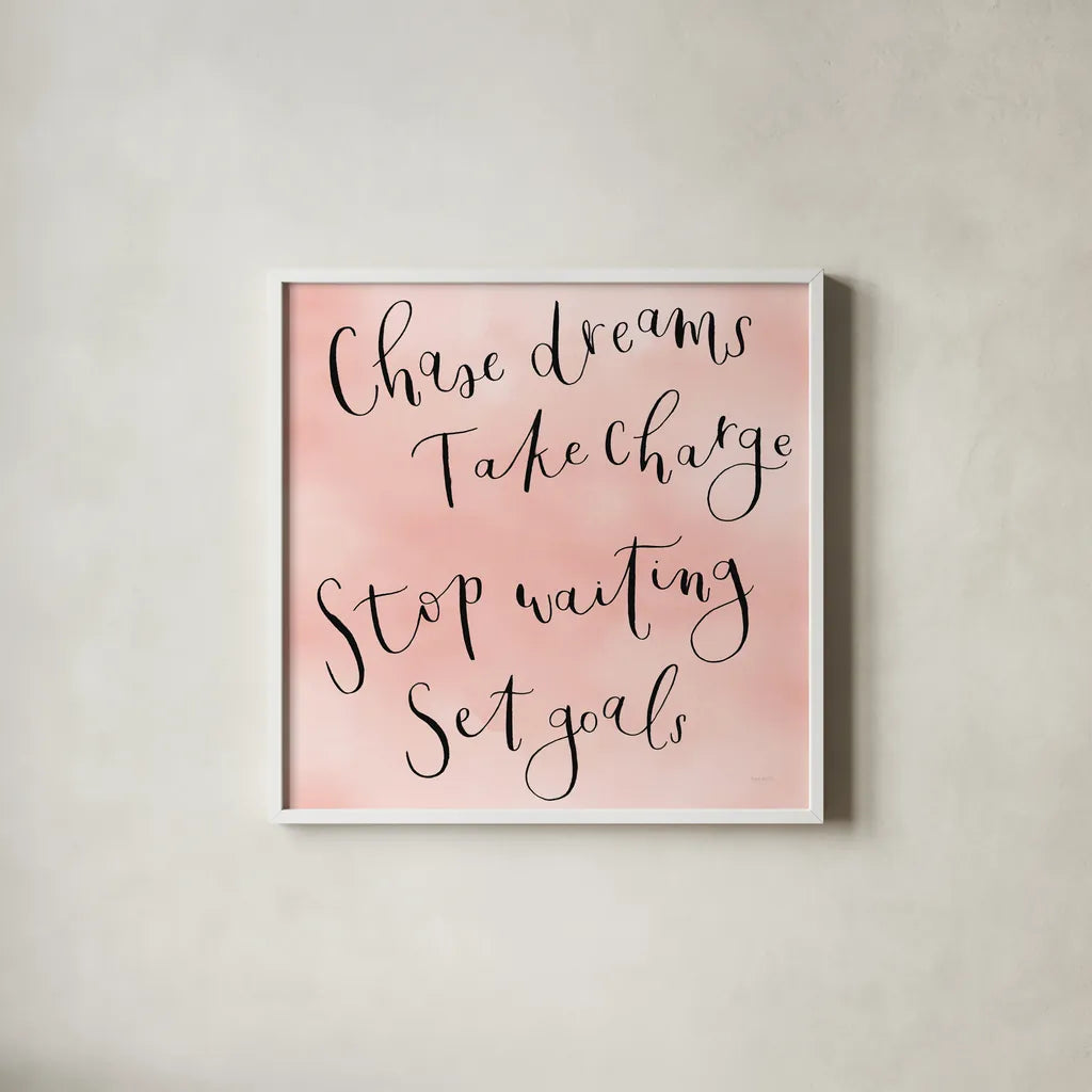 Stop Waiting by Jenaya Jackson. Shown in a crisp white glass frame for a clean and minimalist style. Available as an archival giclee rolled canvas, fine art paper, or poster print. SKU 58416a.