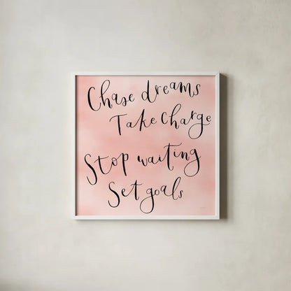 Stop Waiting by Jenaya Jackson. Shown in a crisp white glass frame for a clean and minimalist style. Available as an archival giclee rolled canvas, fine art paper, or poster print. SKU 58416a.