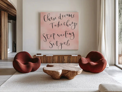 Stop Waiting by Jenaya Jackson. Shown as extra-large giant wall art in a modern living room. Available as an archival giclee rolled canvas, fine art paper, or poster print. SKU 58416a.